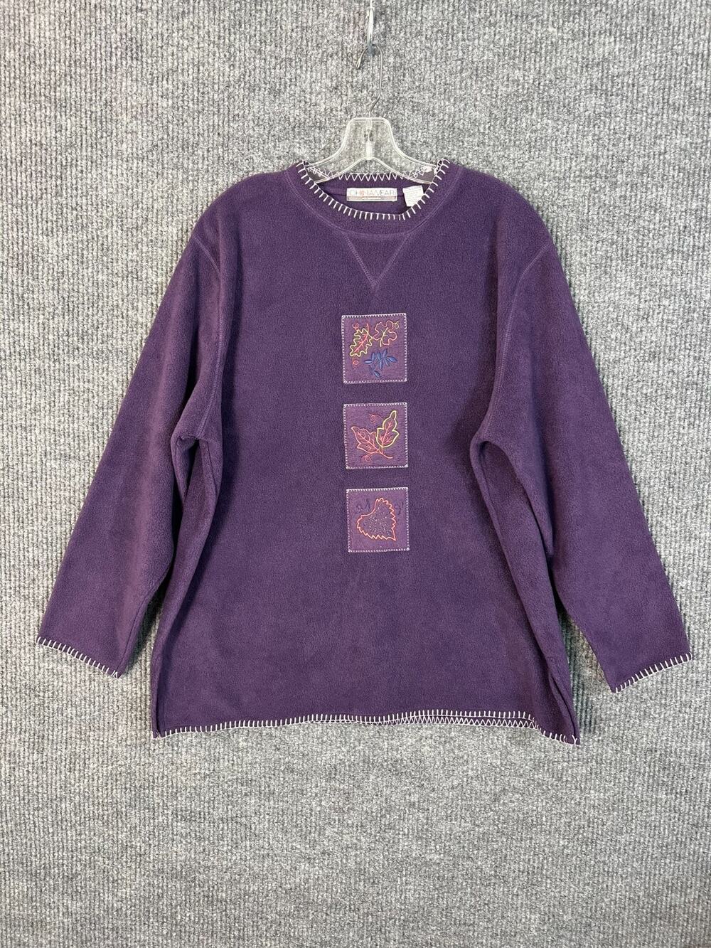 Vintage Chinawear Womens XL Purple Fleece Sweatshirt Embroidered Autumn Leaves